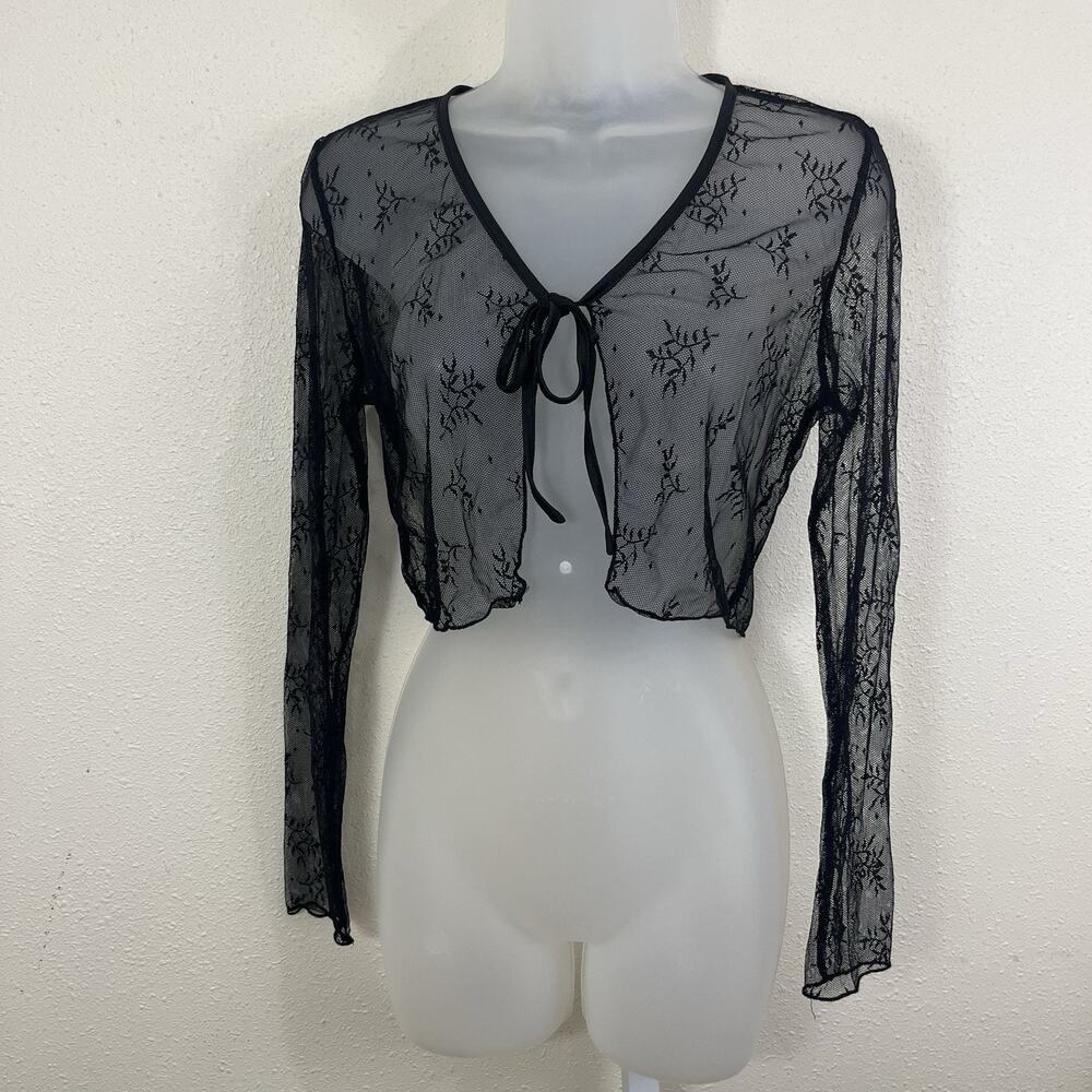 Whimsigoth Sheer Mesh Crop Cardigan Womens Black Tie Front Witchy Long Sleeve